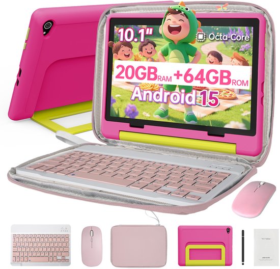 Hotlight 10.1 Kindertablet – Android 15 Tablet met Toetsenbord – Rose Tablet Hoes Sleeve – Stylus - Muis – 20 GB RAM/64GB ROM - Ouderlijk Toezicht – Vanaf 3 Jaar