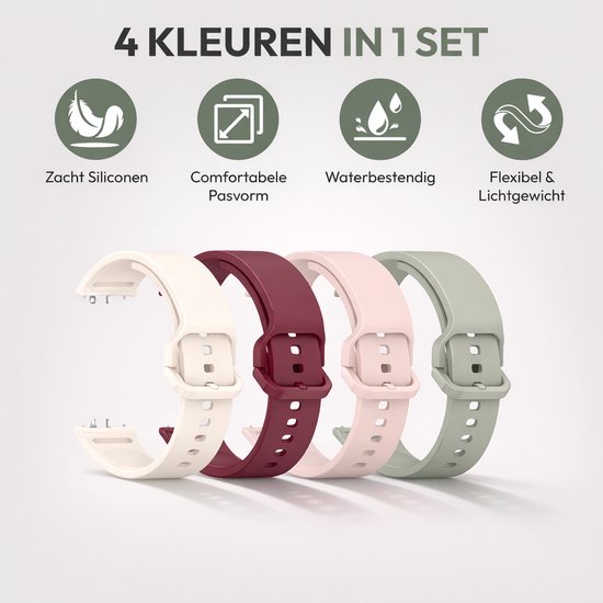 Vier zachte, comfortabele, waterdichte, flexibele en lichtgewicht smartwatchbandjes in crèmekleur, bordeauxrood, lichtroze en saliegroen.