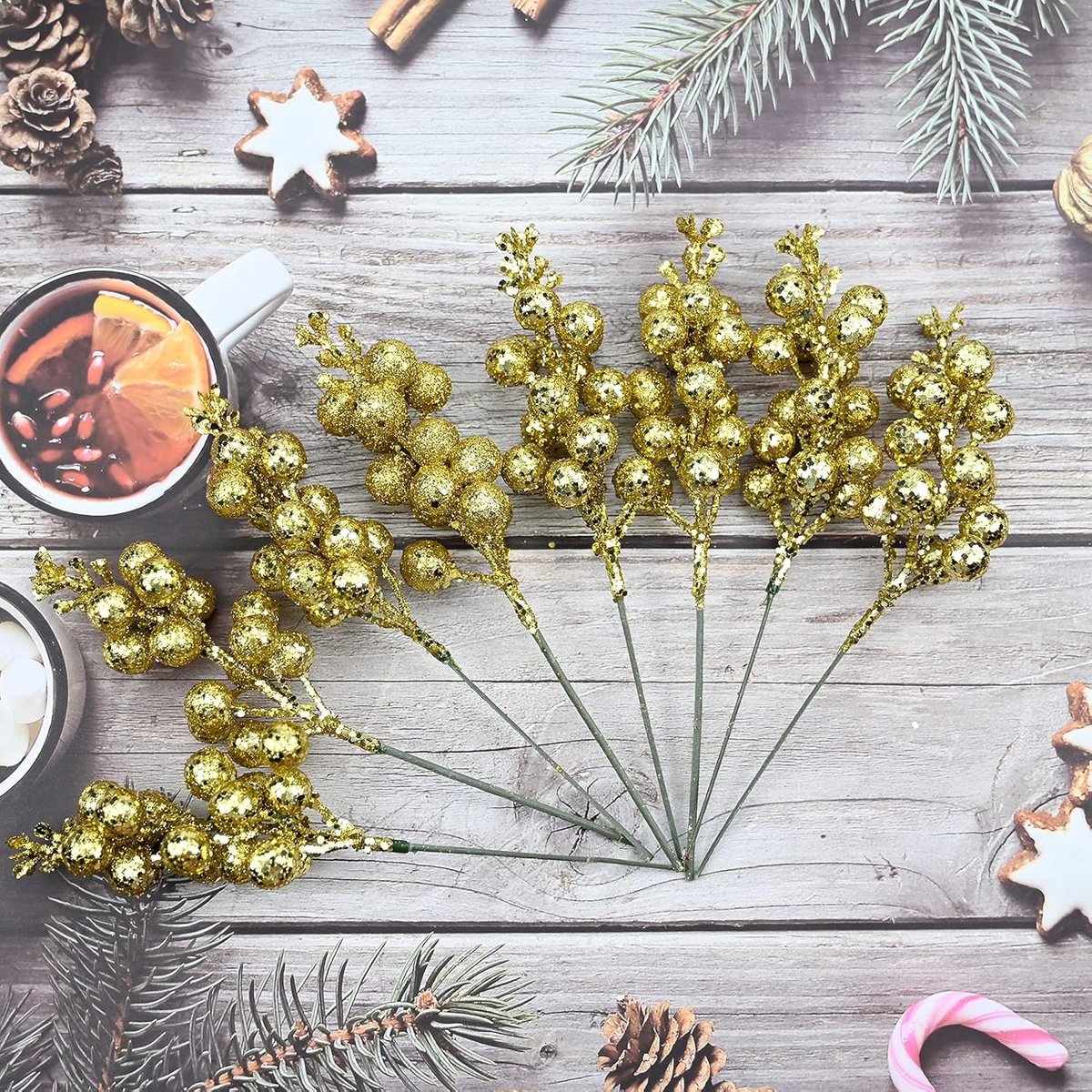 20 Stuks Gouden Glinsterende Bes Stelen – Kunstmatige Kerstboomversiering – Voor Kerstboomvulling, Zelfgemaakte Kerstkrans, Feest- en Woondecoratie – foto 2