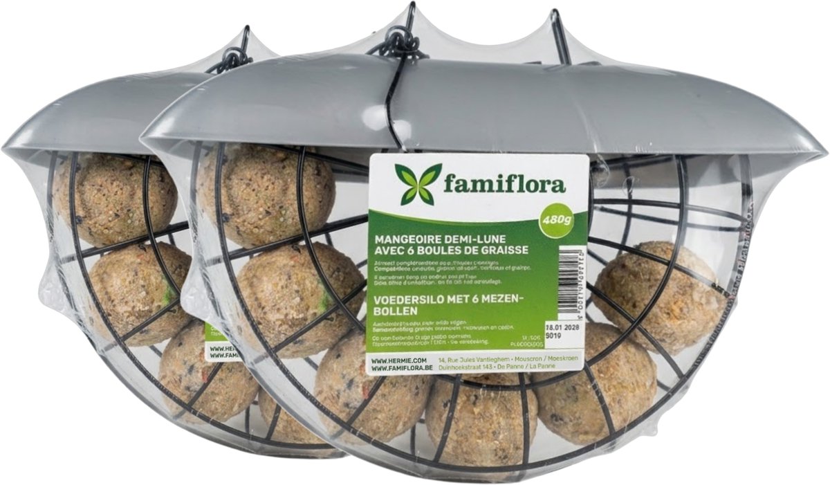 Famiflora set van 2 voedersilo's - Met 12 (2x6) mezenbollen - Aanvullend diervoeder voor tuinvogels - Direct klaar voor gebruik - Inclusief 6 mezenbollen - Makkelijk hervulbaar