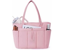 Tote Bag - Handtas - Tas Met Bekerhouder - Dames donstas - Gepolsterde Modern Pufferstijl Met Laptopvak En Trolley Sleeve - 1 Stuk - Roze
