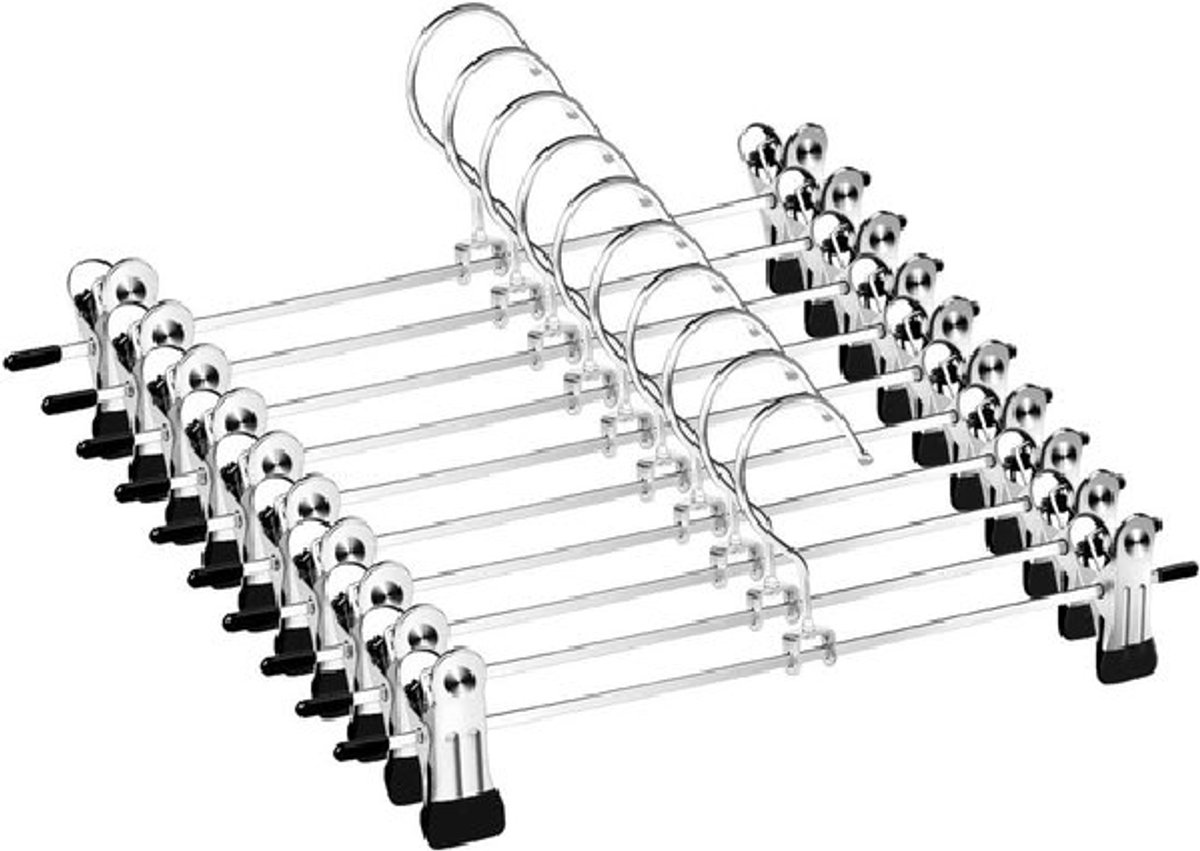 10-Pack Zware Metalen Broek- & Rokhangers – Stapelbaar – Met 2 Verstelbare Klemmen – Ruimtebesparend voor Jeans en Broeken