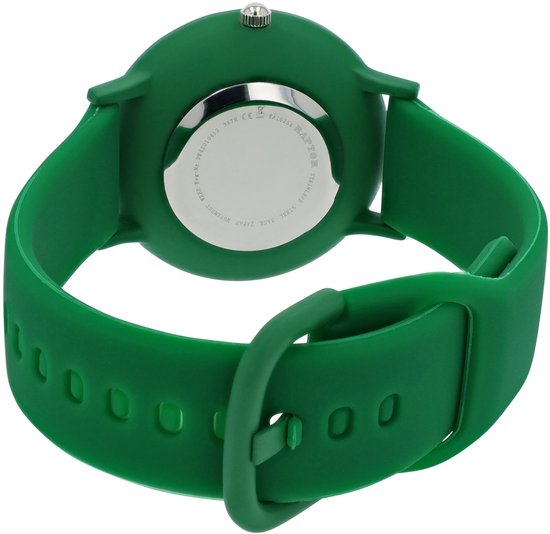 Achterkant van een groen Raptor horloge met metalen deksel en groen siliconen band.