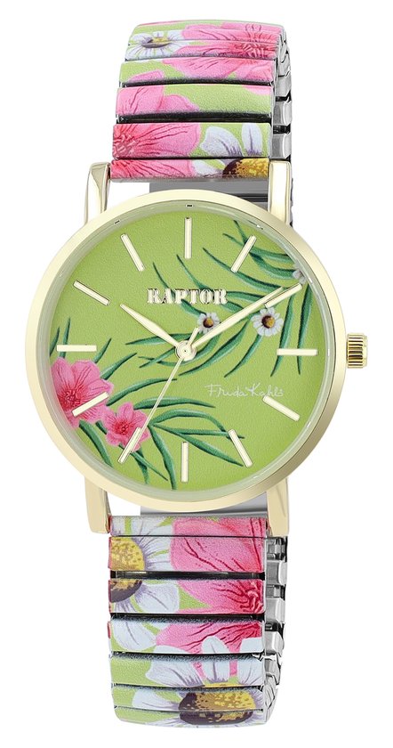 Gouden Raptor horloge met groen bloemenmotief op de wijzerplaat en band.