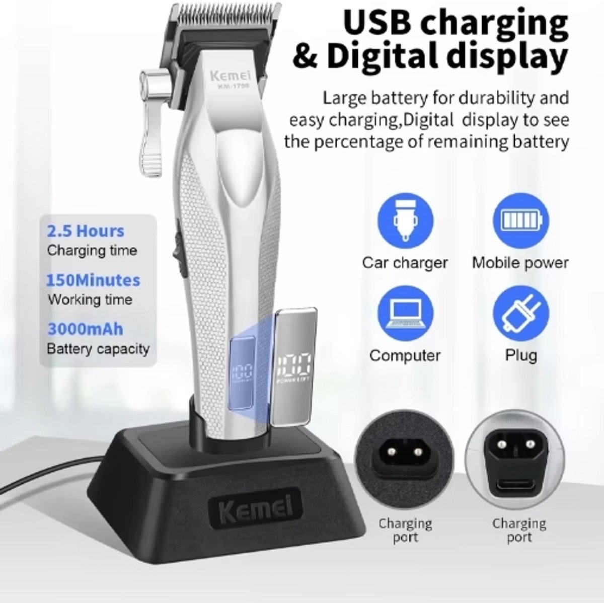 Hair Clipper Kemei KM-1798 Tondeuse Professionele haarsnijmachine Elektrische tondeuse 9000 RPM Trimmers Verstelbare tondeuse Mannen