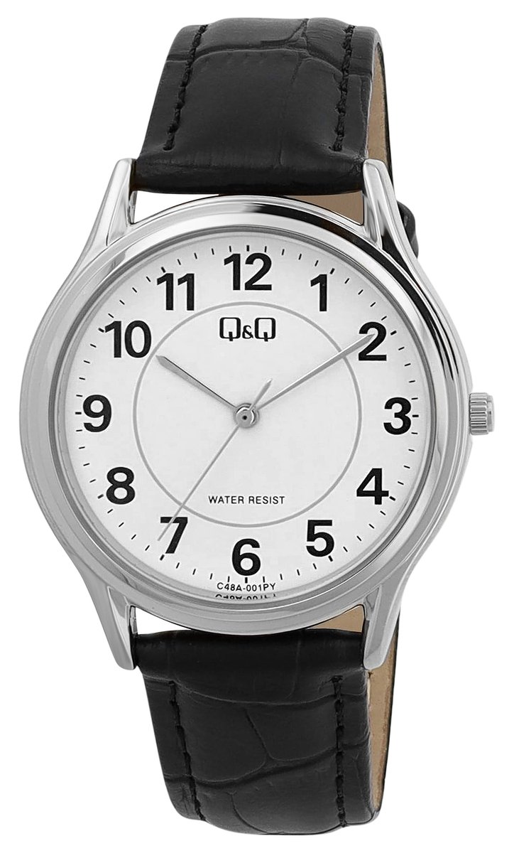 QQ C48A-001PY - Horloge - Polshorloge - Analoog - Unisex - Leren band - Rond - Metaal - Cijfers - Zwart - Zilverkleurig - Wit