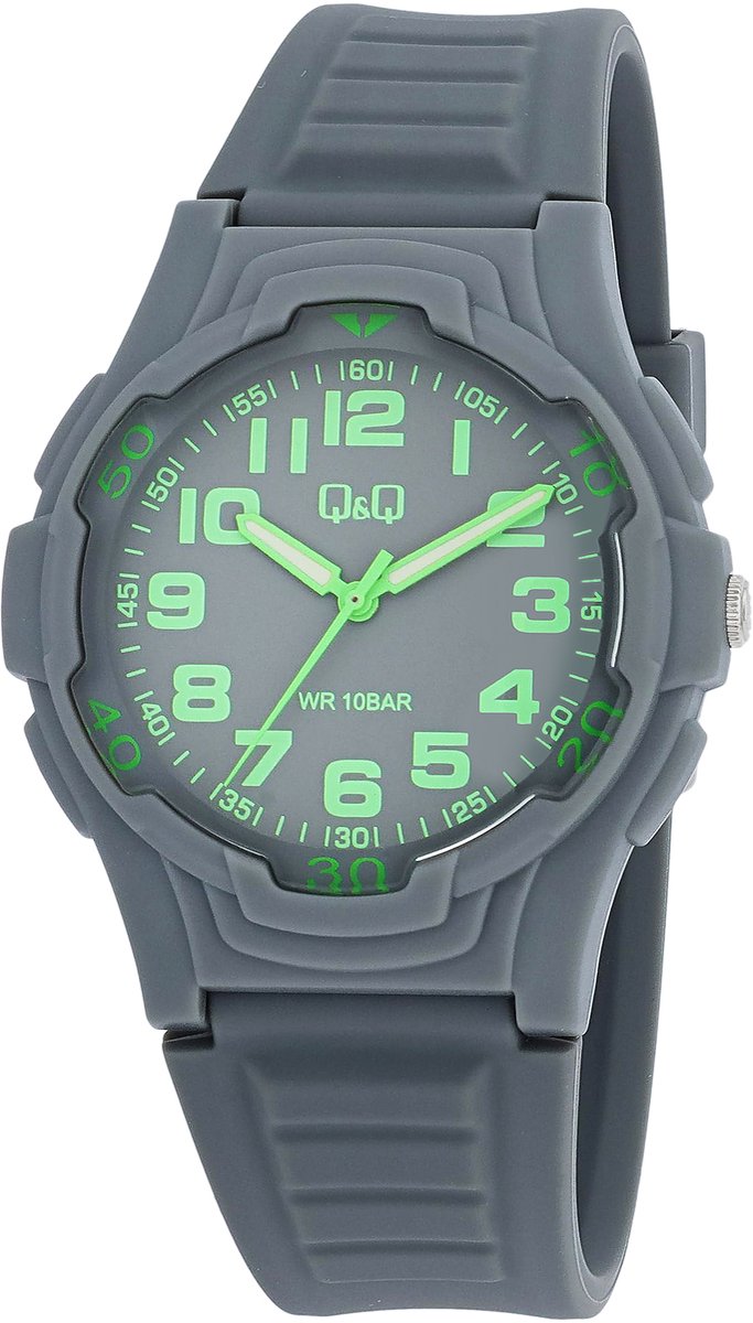 QQ V31A-006VY - Horloge - Analoog - Dames - Heren - Unisex - Siliconen band - Kunststof - Cijfers - Rond - Grijs - Groen - 10ATM waterdicht