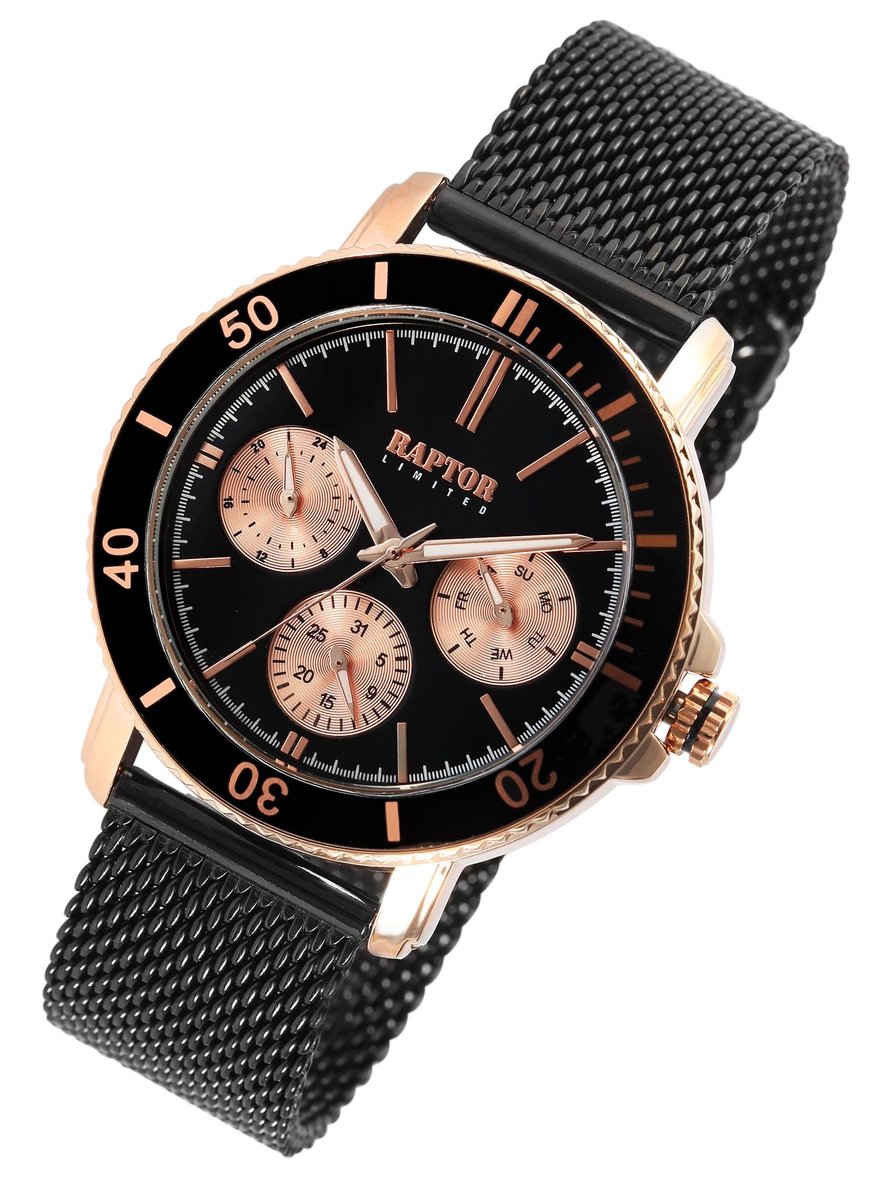 Raptor-Model ra20342-003-Herenhorloge-zwart-rosekleurig-dag en datum aanduiding-3 atm waterdicht-milanese band-diameter 42 mm