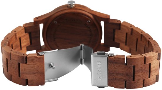 Houten band van een Raptor horloge met metalen gesp.