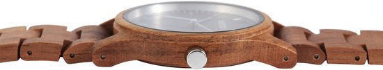 Zijprofiel van een houten Raptor horloge met blauwe wijzerplaat.