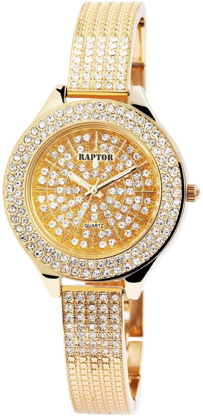 Goudkleurig Raptor horloge met strass-rand en cirkelvormig, glitterend, goudkleurig wijzerplaat.