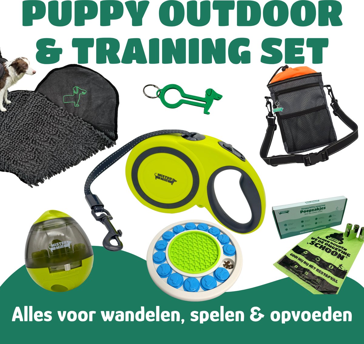 Mister Mill Puppy Outdoor & Training Set – Puppy Starter Set – Honden Training Set – Rollijn S – Trainings Tasje – Honden Puzzel – Snackbal – Poepzakjes + Houder – Puppy Accessoires Set