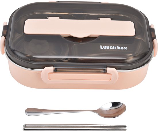 Draagbare 304 Roestvrij Staal Lunchbox voor Kinderen - 1,3L, 4 Compartimenten, Soepkom, Eetstokjes & Lepel (Roze)