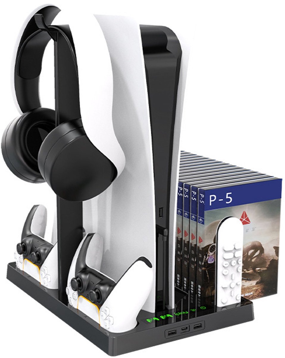 NAXSIR PS5 Oplaadstation met Koelventilator & Gamepad Standaard - Verticale Opbergstandaard voor PS5 Controller - Snel Opladen