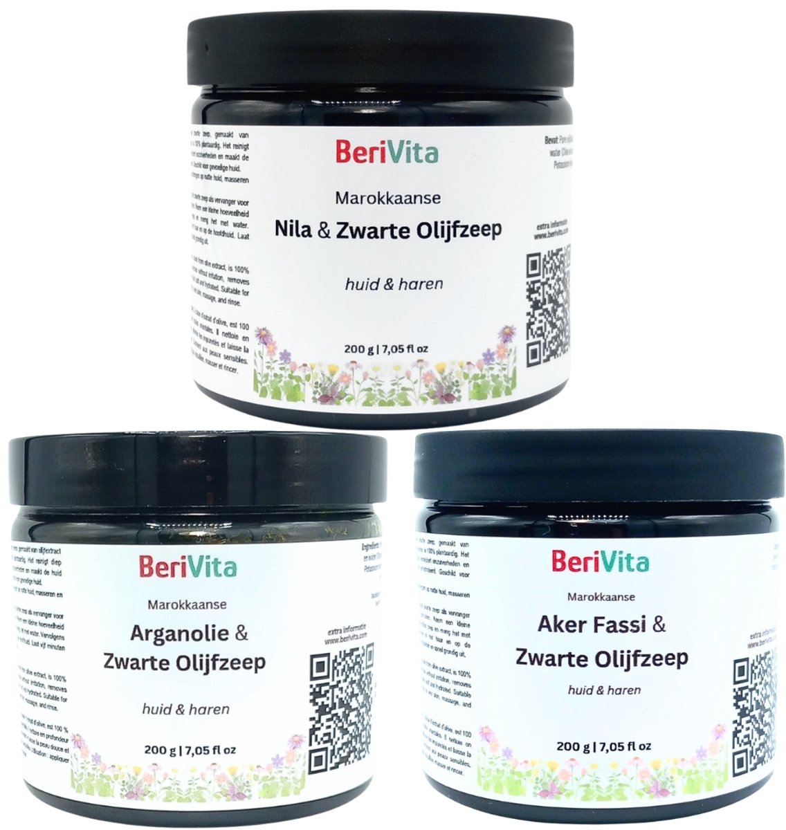 Voordeelset: 3x200gr Marokkaanse Zwarte Zeep - 200gr met Nila Poeder, 200gr met Aker Fassi Poeder en 200gr met Arganolie - Sabon Beldi