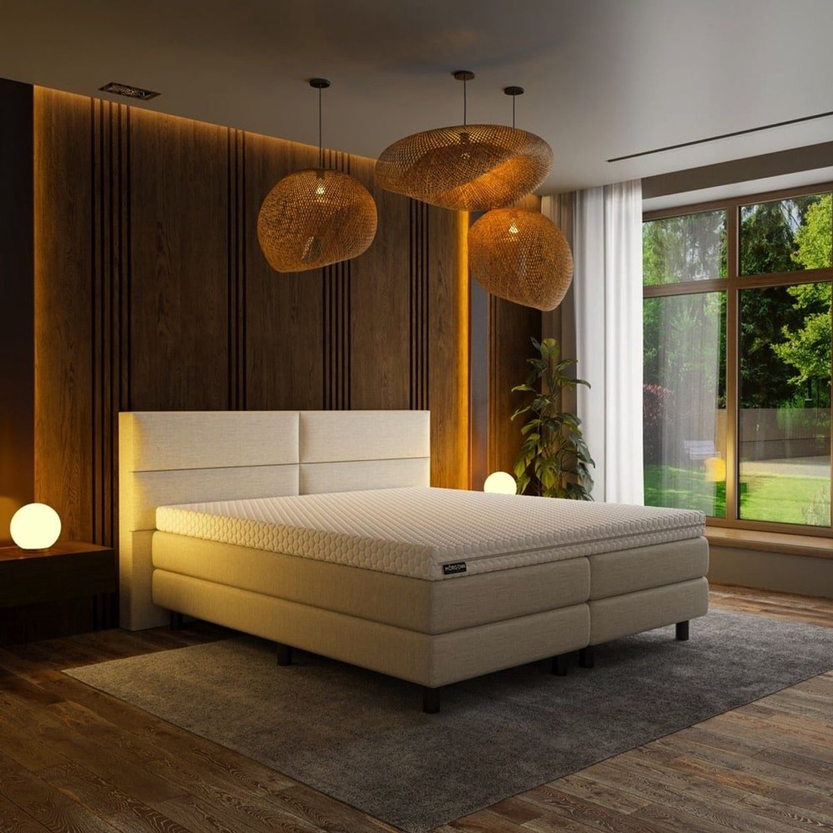 Mörgenn Luxe Boxspring Billy - Pocketvering - Luxe 4 vaks hoofdbord - Geen voetbord + Luxe Suprême topper - Inclusief Dekbed en Kussens - Beige - 200x210 cm