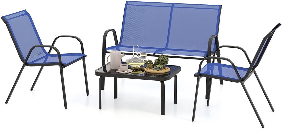 KOMFOTTEU 4-delige balkonset, tuinmeubelset voor 4 personen, tuingarnituur met 2 stoelen, 1 bank en 1 salontafel, terrasmeubelset, zitmeubelen voor balkon, binnenplaats