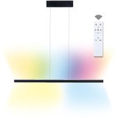 Zwarte LED-hanglamp met afstandsbediening, straalt veelkleurig licht uit.