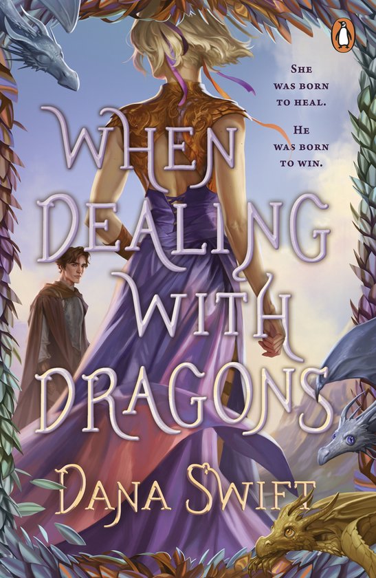 Couverture de livre représentant une femme en robe violette et un homme en arrière-plan, entourés de dragons.