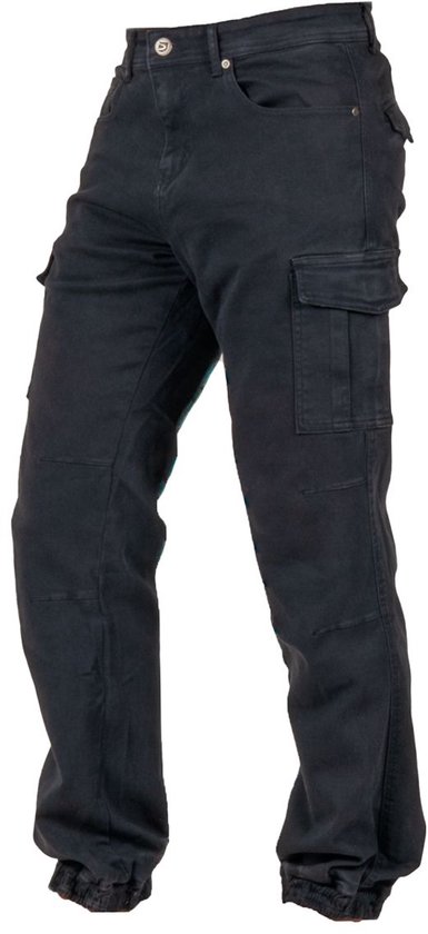 Donkerblauwe heren cargo broek met drukknoopsluiting en elastische enkelboorden.