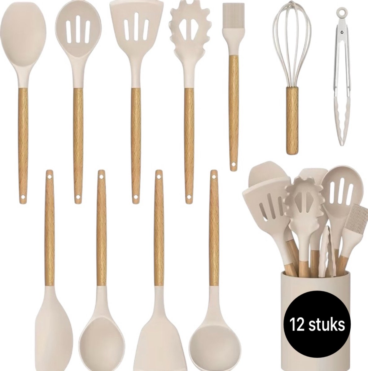 Twenty Two 12-delige keukenset beige | siliconen met houten handgreep | Anti-aanbak | hittebestendig | keukengerei-set | keukenbenodigdheden