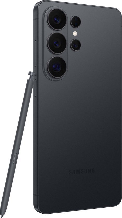 Zwarte Samsung smartphone met stylus, achterkant met vier camera's.