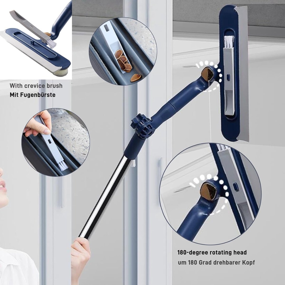 2 in 1 Ramenwasser - Ramenwasser telescopischr - Ramenwasser- Ruitenreiniger - Glaswisser - Raamwissergereedschap - Draaibare Wisser - Uitschuifbaar tot 120 cm - Ideaal voor ramen, spiegels, douches - Blauw thumbnail 4