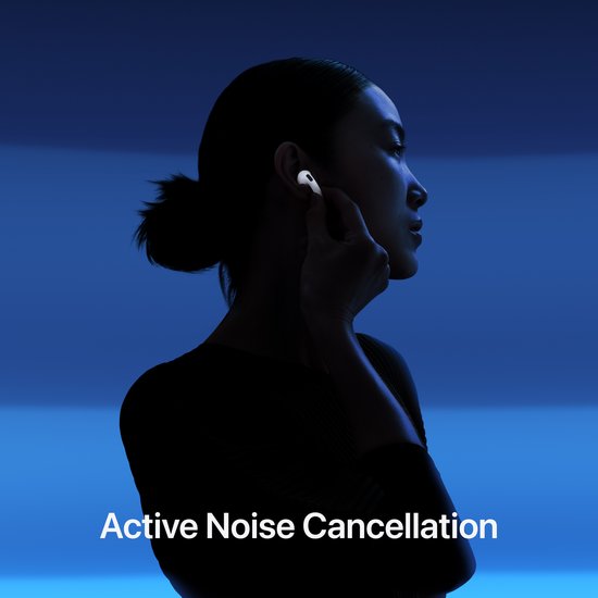 Femme sur fond bleu insérant un écouteur blanc dans son oreille. Réduction active du bruit.