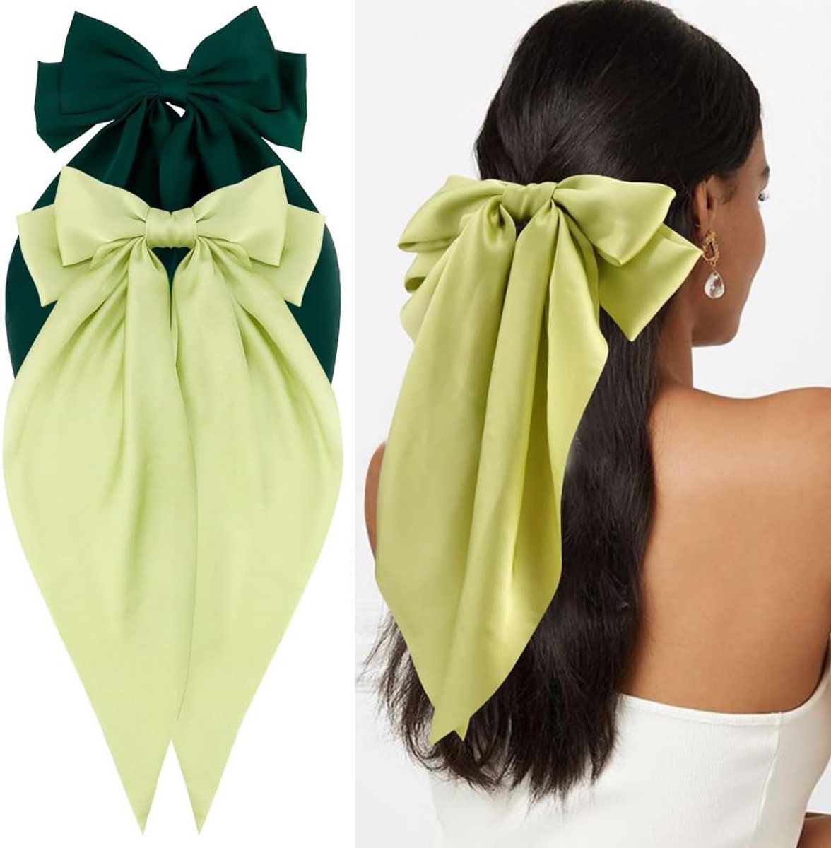 Set van 4 Grote Groene Satijnen Haarstrikken voor Dames en Meisjes - Luxe Haarclips