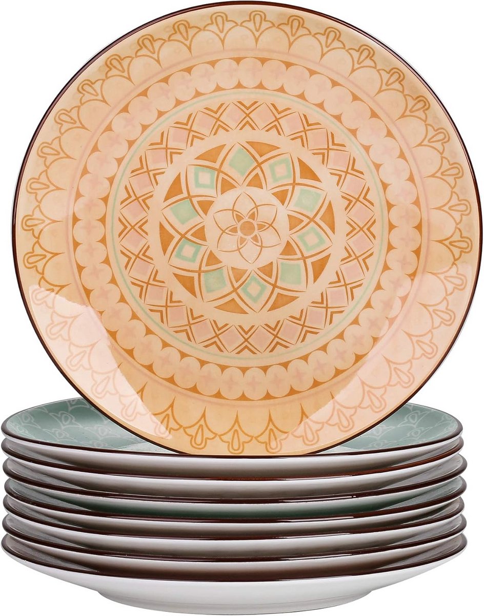 Set van 8 Steengoed Dessertborden met Mandala Ontwerp voor Ontbijt en Diner