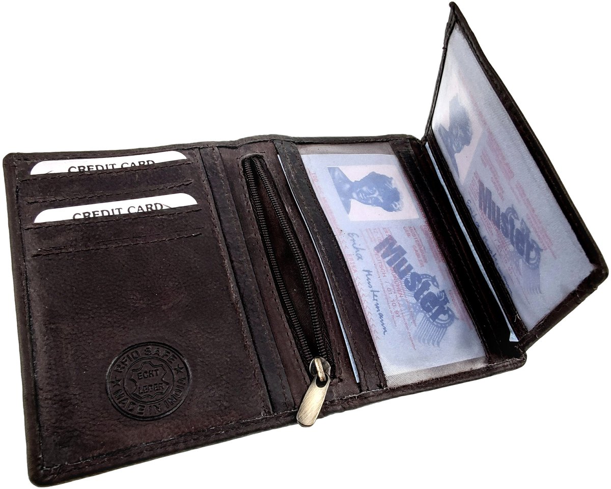 Compacte Leren Portemonnee Unisex, RFID-bescherming, Pasjesvakken, ID venster - Echt Leer Donkerbruin