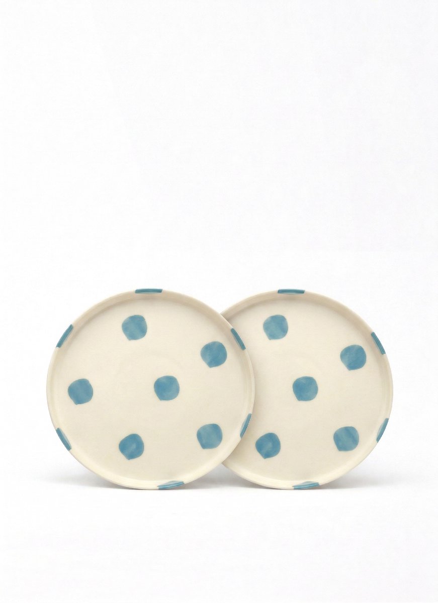 vtwonen - Borden - Lunchbord - Stippen - Blauw - Set van 2 - Keramiek - 20cm