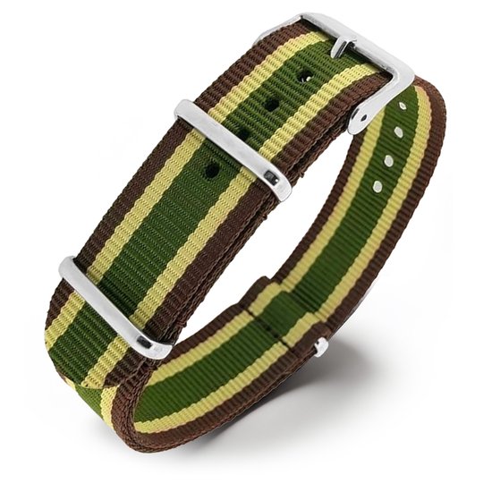 Bracelet de montre à rayures vertes, brunes et jaunes avec une boucle argentée.