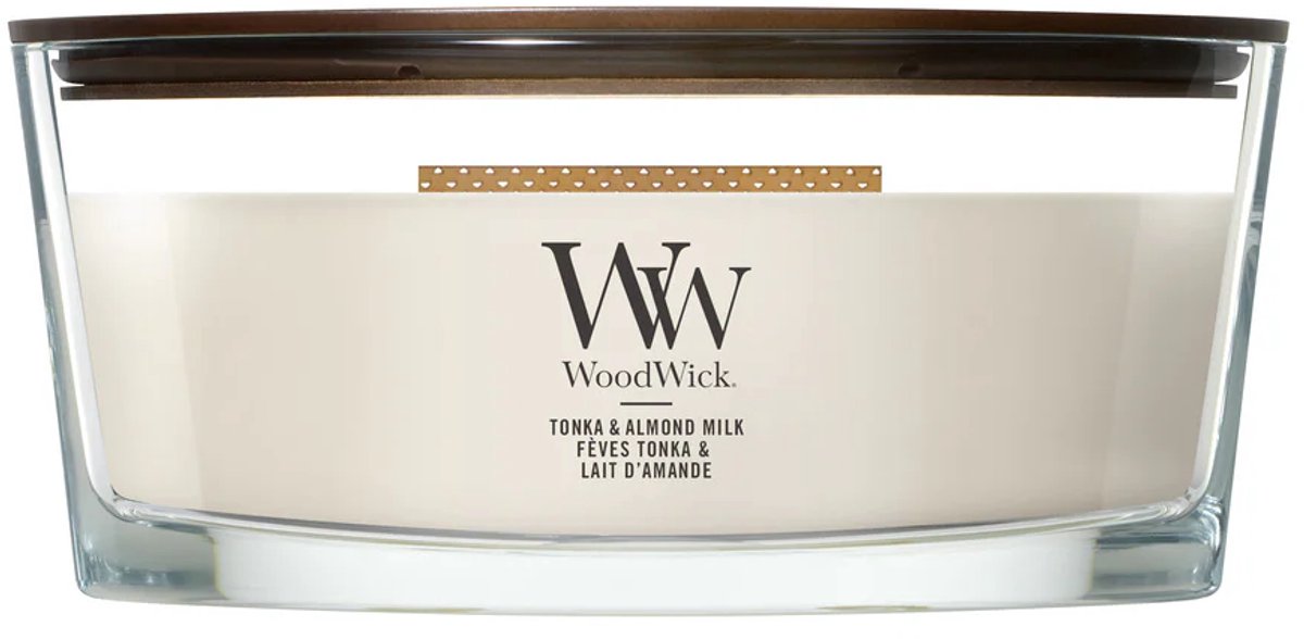 Woodwick Hearthwick - Tonka & Almond Milk - Ellipse Geurkaars - 50 branduren Crème
