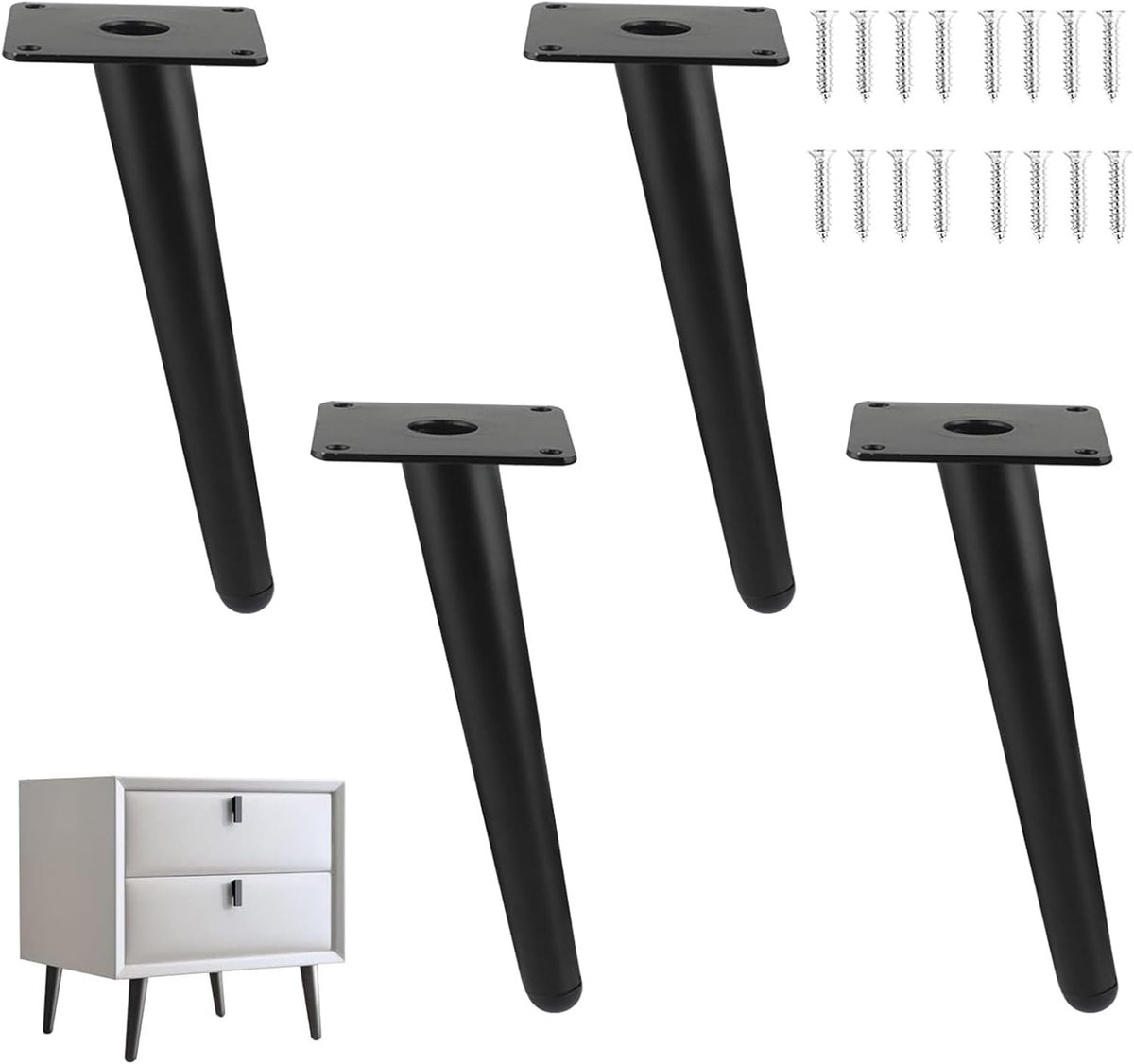 4x Schuine Meubelpoten Metaal Zwart Kegelvormig 15 cm - Vervangt Poten voor Kast, Bank en Tafel (Inclusief Schroeven)