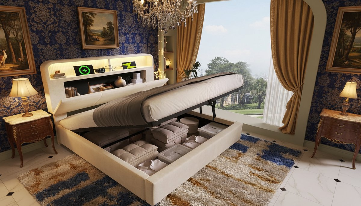 Gestoffeerd tweepersoonsbed 140x190 cm Casa Velluto – Luxe opbergbed met in hoogte verstelbaar hoofdeinde, hydraulische opbergruimte, LED-verlichting & USB/Type-C laadstation, fluweel beige, inclusief lattenbodem