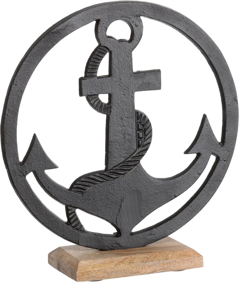 Decoratieve Anker op Houten Sokkel Zwart - 25x25cm - Maritiem Woonaccessoire