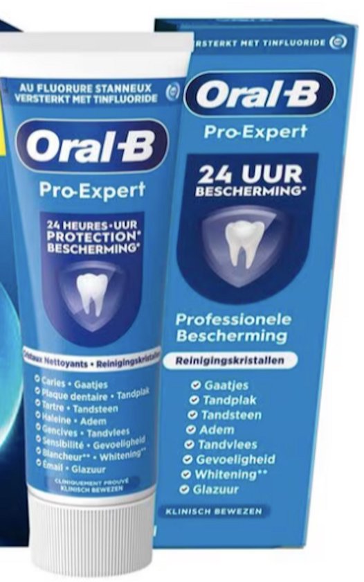 Verpakking van Oral-B Pro-Expert tandpasta met tekst '24 UUR BESCHERMING' en 'Professionele Bescherming'.