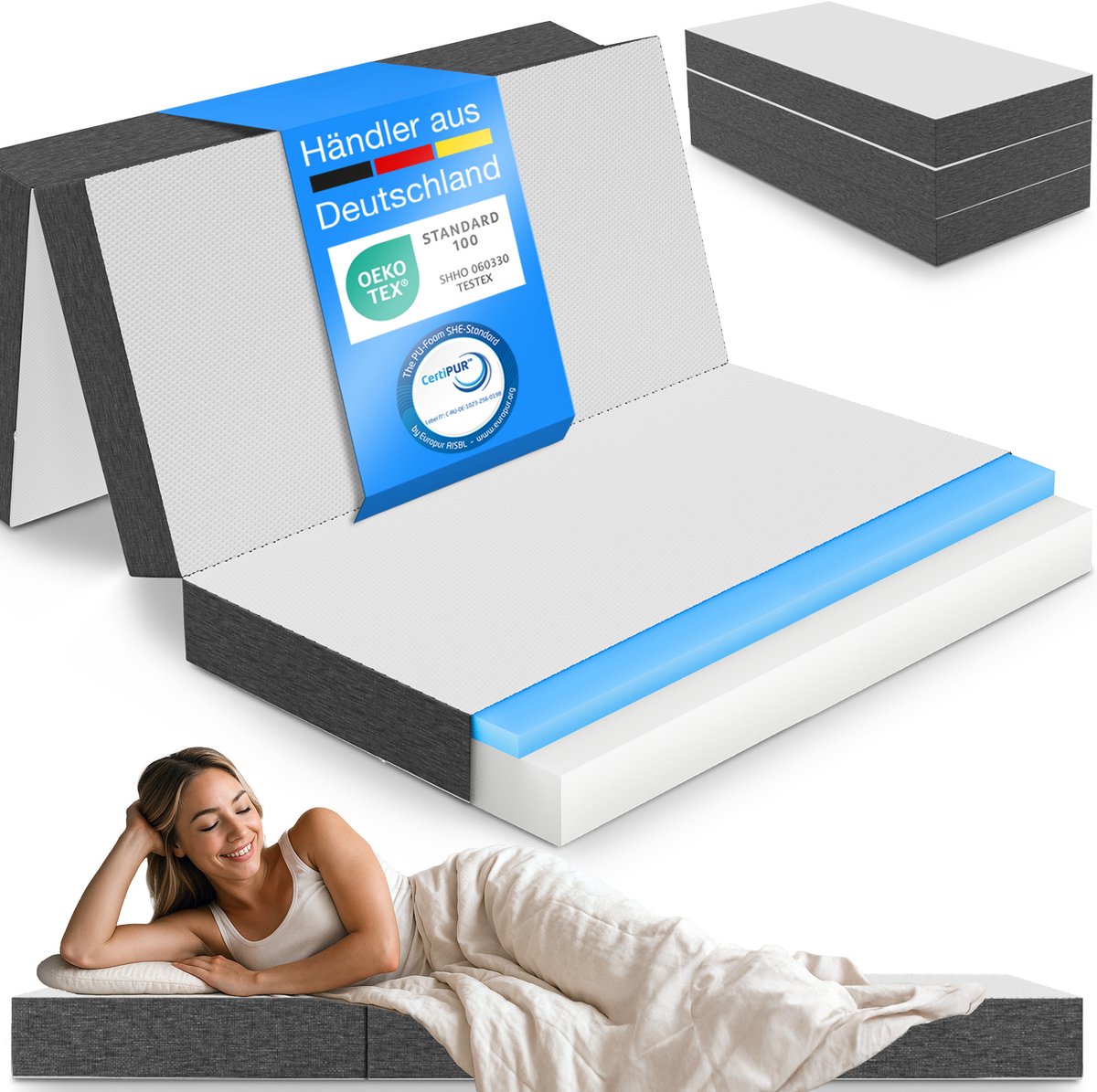 ELONEO Opvouwbaar Matras – Visco Schuim - 140x200 cm - 15 cm Extra Dik - Wasbare Hoes - Logeerbed