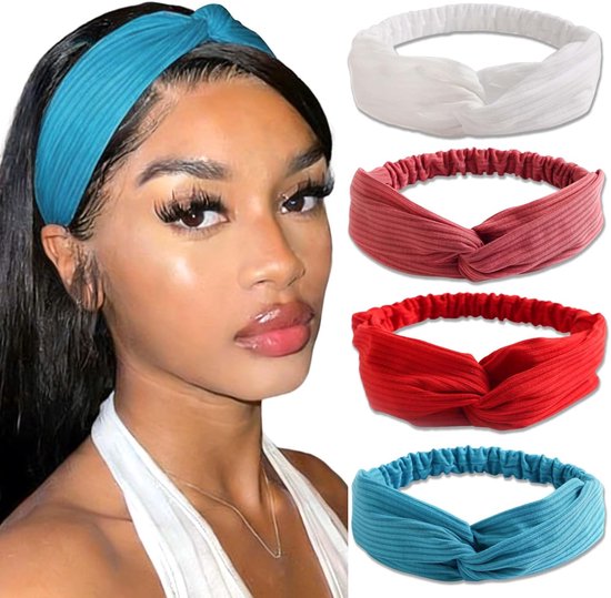 Set de 4 pièces - Bandeaux pour dames - Bandeaux tricotés à nœud croisé - Dames - Bandeau pour adultes - Élastique - Femmes - Filles - Yoga - Accessoires capillaires