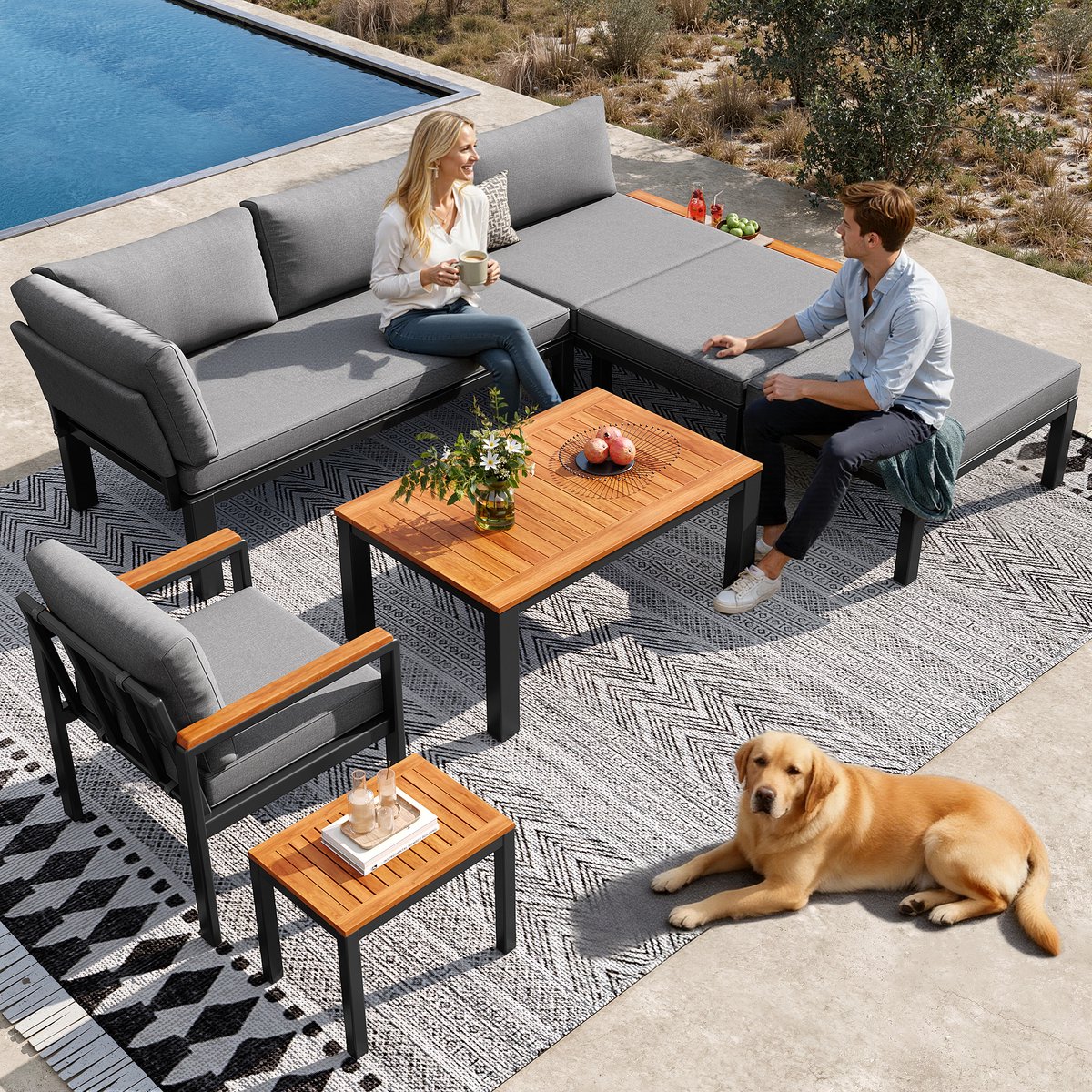 Buitenzitgroep - vrij te combineren - metalen frame - met kussens en houten tafel - geschikt voor terras - balkon - zwembadgebied - grijs
