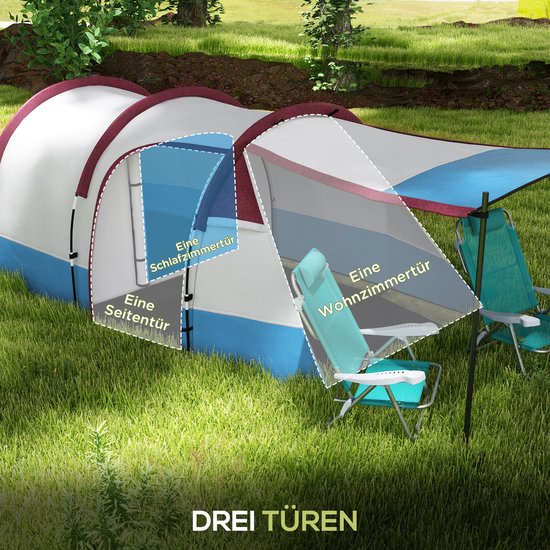 Wishdor - Tunneltent Voor 3 Personen - 2 Aparte Ruimtes - Met Voortent - Voor Kamperen - Polyester - Rood - 420 X 200 X 150 Cm van Merkloos — afbeelding 5