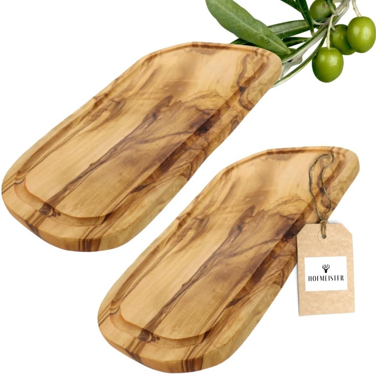 Set van 2 Olijfhout Snijplanken met Sapgoot - Natuurlijke Rustieke Vorm - 40 cm
