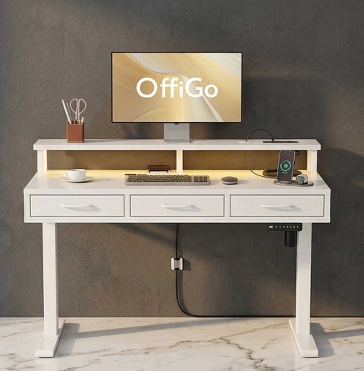 Elektrisch In Hoogte Verstelbaar Bureau 140x80 cm – Modern Ergonomisch Zit-Sta Bureau met 100 kg Draagkracht, Fluisterstille Motor, Robuust Metalen Frame en Natuurlijke Houten Tafelbladen A-Furniture
