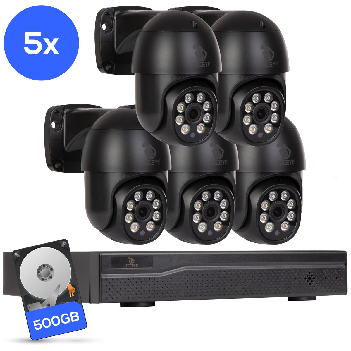 Teceye Compleet Camera Beveiliging Set met 5x PTZ POE Camera - Beveiligingscamera - Beveiligingscamera binnen - Beveiligingscamera buiten - CCTV Camera systeem - Beveiligingscamera set - Bewakingscamera set