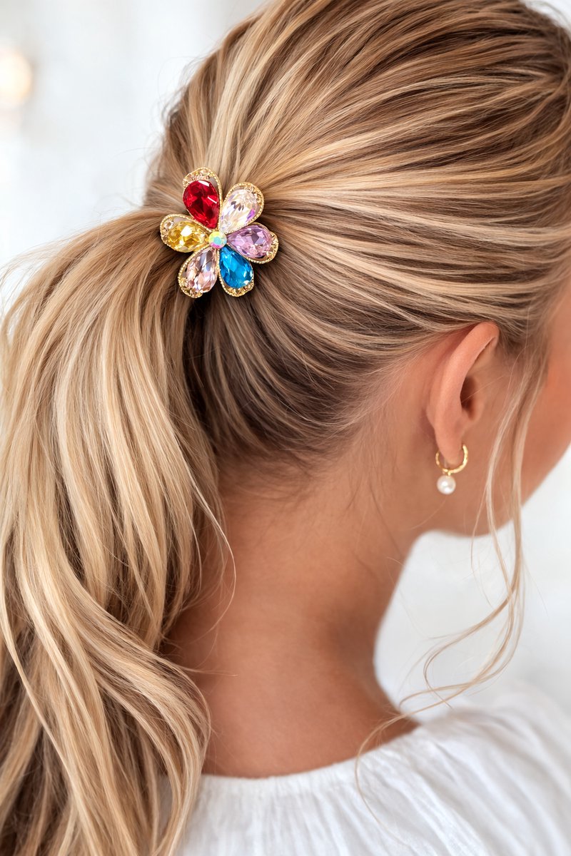 Haarelastiekje - Haar accessoires - Haarsieraad - Haarspeld - Haar elastiek - Haarclip - Haarklem - Dames - Multi - Bloem - Strass Steentjes - 3 cm - Uniek - Cadeau Tip