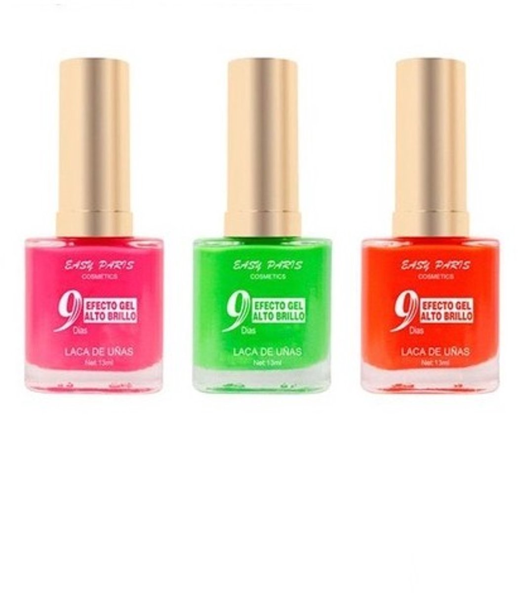 Easy Paris - Set met 3 Flesjes Fris / Fluor / Neon Nagellak - Roze / Groen / Oranje - Inhoud per flesje 13 ml.
