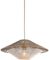 Beige touw hanglamp met stoffen snoer, geïsoleerd op witte achtergrond.