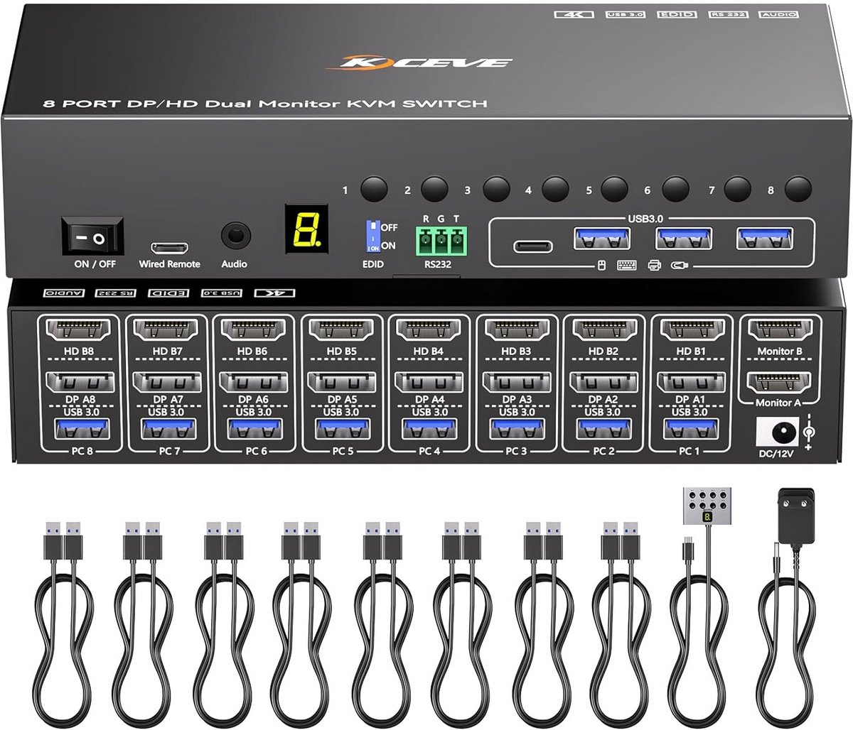 8 Poort 2 Monitor KVM Switch HDMI DisplayPort 4K@60Hz met 4 USB 3.0 Poorten en EDID Simulatie