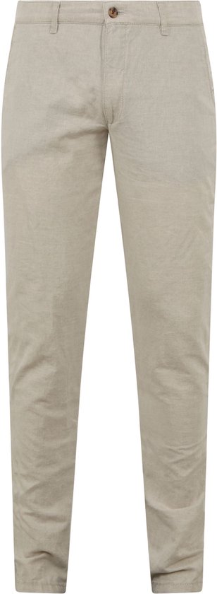 De voorkant van een beige linnen broek.